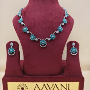 Floral Diamond Necklace Set with Aqua Green Enamel Accents