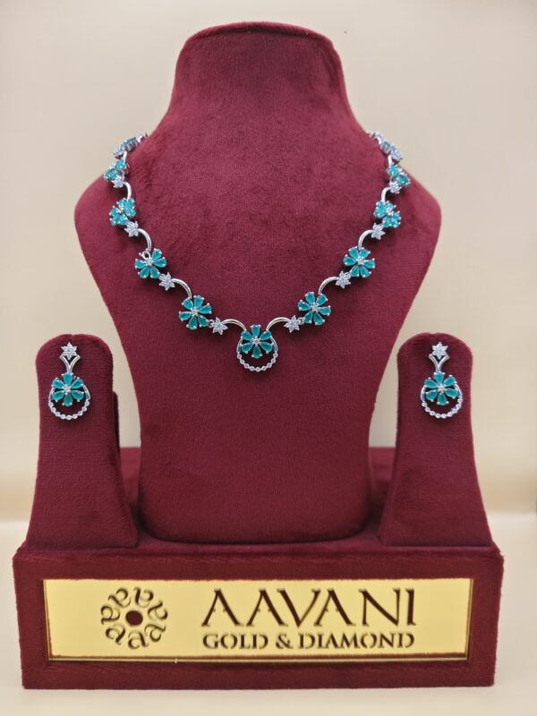 Floral Diamond Necklace Set with Aqua Green Enamel Accents
