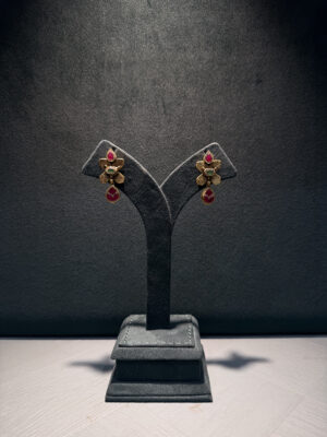 Elegant Antique Gold Floral Drop Earrings with Ruby & Emerald Accents