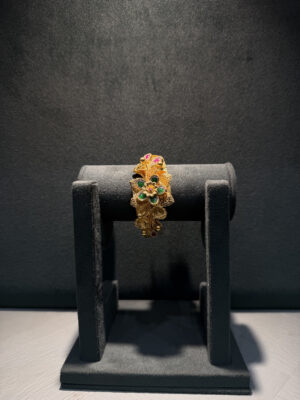 Intricate Antique Gold Filigree Bangle with Emerald & Ruby Floral Motif
